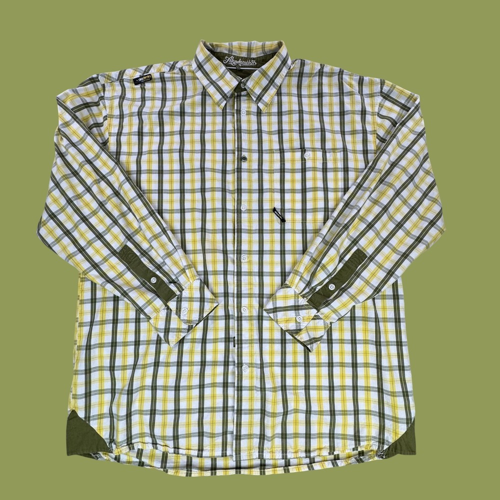 Akademiks Mens XL Plaid Button Down Shirt Yellow Olive Green Embroidered Y2K